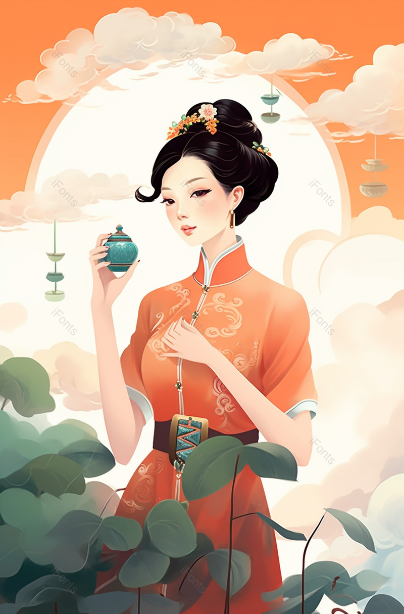 一个站立的旗袍美女和花窗灯笼桌子茶竹帘,插画/手绘图,插画/手绘图库,插画/手绘图下载,插画/手绘